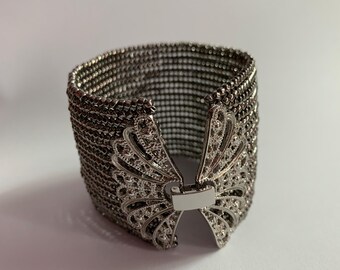 Grey Beaded Silver-Tone Trabzon Hasir Bracelet, Handmade Turkish Jewelry
