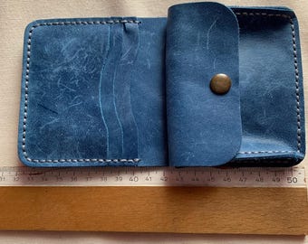 Handmade Blue Leather, Minimalist Slim Wallet, Small Card Holder, Compact, Gift for Him/Her
