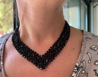 Black Crystal Necklace for Women - Geometric Minimalist Jewelry – Statement Accessory (3 beads per row)
