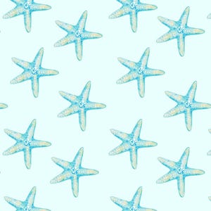 May include: A pattern of light blue starfish on a light blue background. The starfish have five arms and a textured appearance, with a gradient of blue and yellow-green hues.