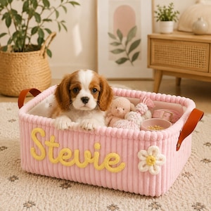 May include: A rectangular pink corduroy storage basket with brown leather handles. The basket features the name Stevie in yellow yarn lettering and a white daisy appliqu&eacute;. Inside, a Cavalier King Charles Spaniel puppy sits with a plush toy.