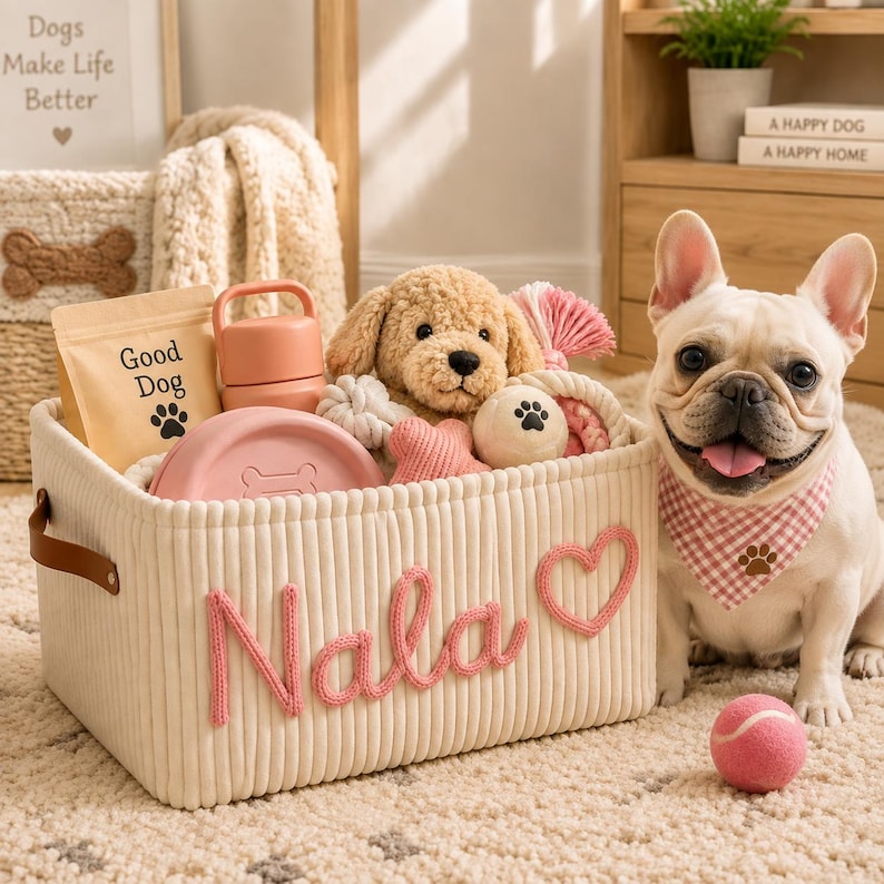 May include: A cream-colored corduroy storage basket with the name Nala and a heart embroidered in pink yarn on the front. The basket is filled with various dog toys, a pink bowl, and a tan bag labeled Good Dog with a paw print icon.