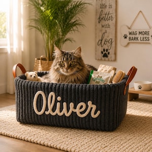 Puede incluir: Una cesta de almacenamiento rectangular de color gris oscuro con textura acanalada y el nombre Oliver bordado en letra cursiva blanca en la parte frontal. La cesta tiene dos asas de piel sintética marrón en los laterales y contiene un gato peludo, un pequeño oso de peluche y golosinas.