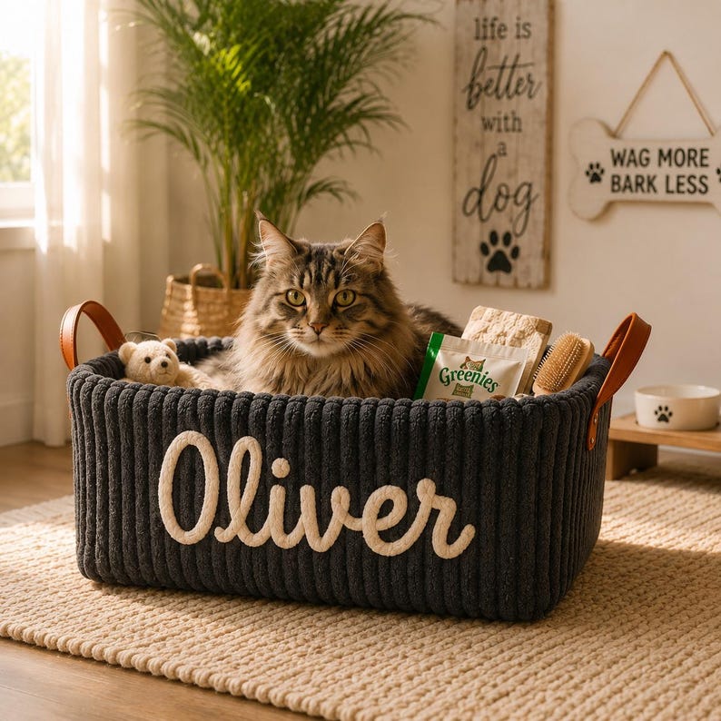 May include: A rectangular dark gray storage basket with a ribbed texture and the name Oliver embroidered in white script on the front. The basket features two brown faux leather handles on the sides and contains a fluffy cat, a small teddy bear, and pet treats.