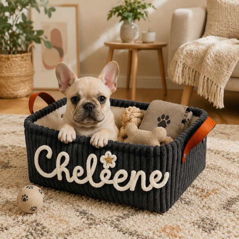 May include: A rectangular dark gray corduroy storage basket with tan leather handles. The front features the white embroidered name Cheleene with a small flower accent. A cream-colored French Bulldog puppy sits inside with a bone toy and a paw print tag.