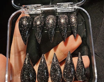 Black Glitter Short Claw Press-On Nails | Werewolf and Eagle Claw Inspired | Armor Anime Nails | 3D Sharp Talon Nails | Reusable Nails