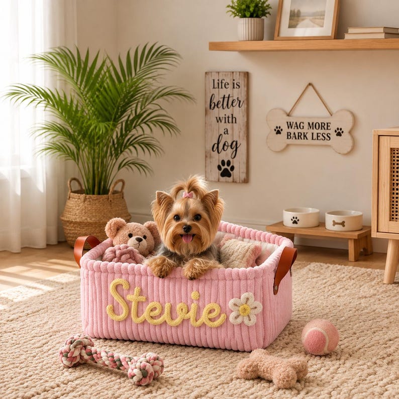 May include: A rectangular pink corduroy storage basket featuring the name Stevie in yellow script lettering and a white flower applique. The basket has brown leather handles and contains a small Yorkshire Terrier and a plush teddy bear toy.