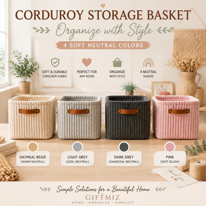 May include: Four square corduroy storage baskets in oatmeal beige, light grey, dark grey, and pink. Each basket features a brown leather-like handle on the front. The text reads CORDUROY STORAGE BASKET, Organize with Style, 4 SOFT NEUTRAL COLORS.