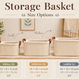 May include: Three off-white rectangular storage baskets with vertical ribbed texture and brown leather-like handles. Text labels indicate sizes: Small 12x8x5 inches, Medium 14x10x6 inches, and Large 16x12x8 inches. The baskets are arranged in a row.