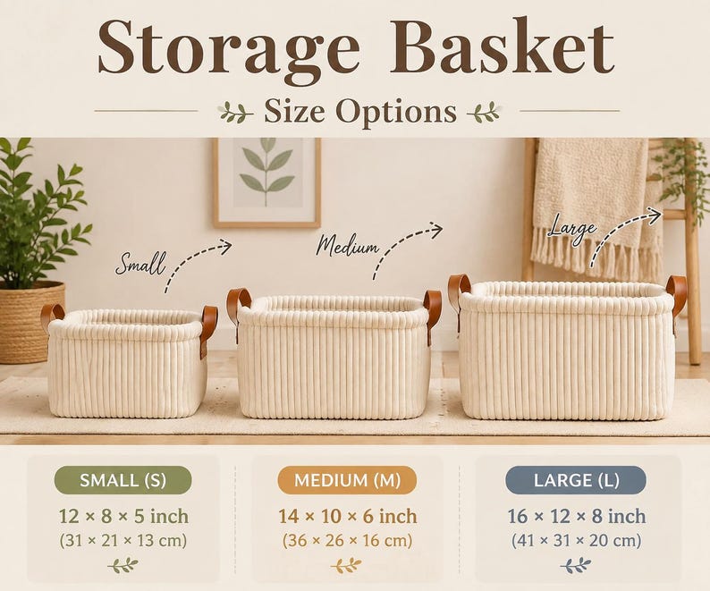 May include: Three off-white rectangular storage baskets with vertical ribbed texture and brown leather-like handles. Text labels indicate sizes: Small 12x8x5 inches, Medium 14x10x6 inches, and Large 16x12x8 inches. The baskets are arranged in a row.