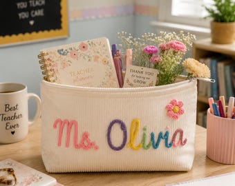Personalized Teacher Pencil Case, Custom Name Teacher Gift, Embroidered Teacher Pouch, Teacher Appreciation Gift, Cute School Supplies Bag