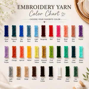 May include: An embroidery yarn color chart featuring thirty-three rectangular swatches of yarn in various colors arranged in three rows. Each swatch is labeled with its corresponding color name, including Royal Blue, Red, Yellow, and Black.