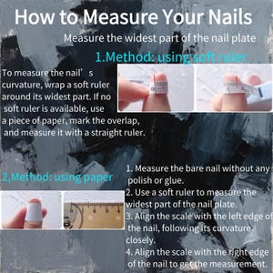Puede incluir: Imagen que muestra instrucciones sobre c&oacute;mo medir las u&ntilde;as. El texto dice "C&oacute;mo medir tus u&ntilde;as". Muestra dos m&eacute;todos: usando una regla flexible y usando papel. La imagen incluye primeros planos de dedos con reglas y papel.