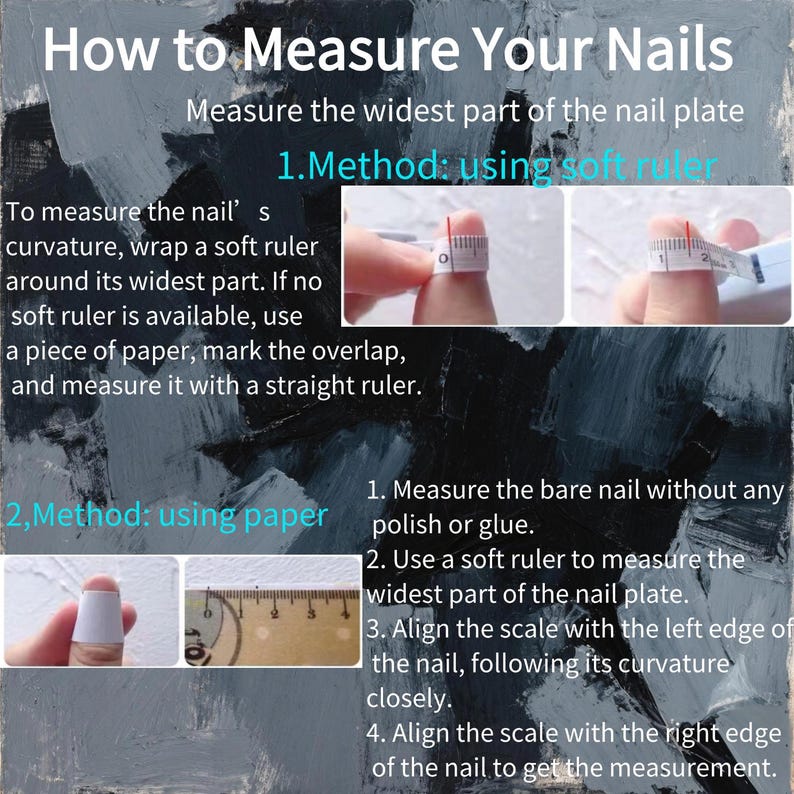 Puede incluir: Imagen que muestra instrucciones sobre c&oacute;mo medir las u&ntilde;as. El texto dice "C&oacute;mo medir tus u&ntilde;as". Muestra dos m&eacute;todos: usando una regla flexible y usando papel. La imagen incluye primeros planos de dedos con reglas y papel.