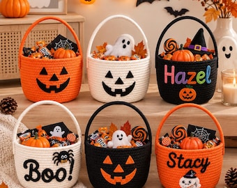Personalisierter Halloween-Korb, individueller Süßigkeitenkorb für Kinder, Gruselkorb, Halloween-Eimer mit Namensstickerei, Halloween-Süßigkeitentüte
