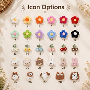 May include: A collection of twenty-nine small, crocheted appliques arranged in a grid labeled Icon Options. The items include various flower shapes in multiple colors, cherry pairs, and animal faces including bears, rabbits, a lion, and a hedgehog.