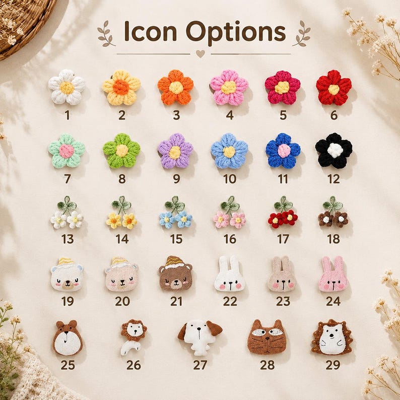 May include: A collection of twenty-nine small, crocheted appliques arranged in a grid labeled Icon Options. The items include various flower shapes in multiple colors, cherry pairs, and animal faces including bears, rabbits, a lion, and a hedgehog.