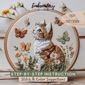 Cat and Butterfly Embroidery Pattern | Cute Kitten Hand Embroidery PDF | Nature-Inspired DIY Hoop Art & Embroidered Gift