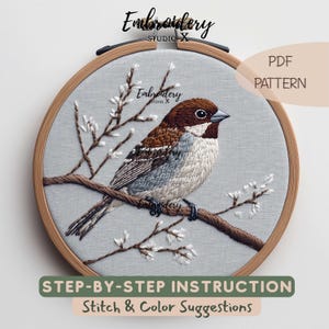 Sparrow on Branch Embroidery Pattern | Elegant Bird Hand Embroidery PDF | Woodland Hoop Stitching