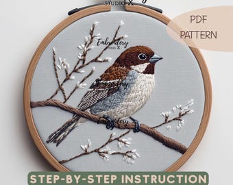 Sparrow on Branch Embroidery Pattern | Elegant Bird Hand Embroidery PDF | Woodland Hoop Stitching