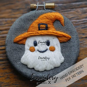 Halloween Geist Hand Stickmuster | Halloween Sticken für Anfänger mit Hexenhut | Einfaches Handstich Design PDF für DIY Home Decor