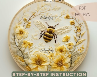 Honeybee and Wildflowers Embroidery Pattern | Botanical Hand Embroidery PDF | DIY Floral Bee Hoop Art & Needlework Design