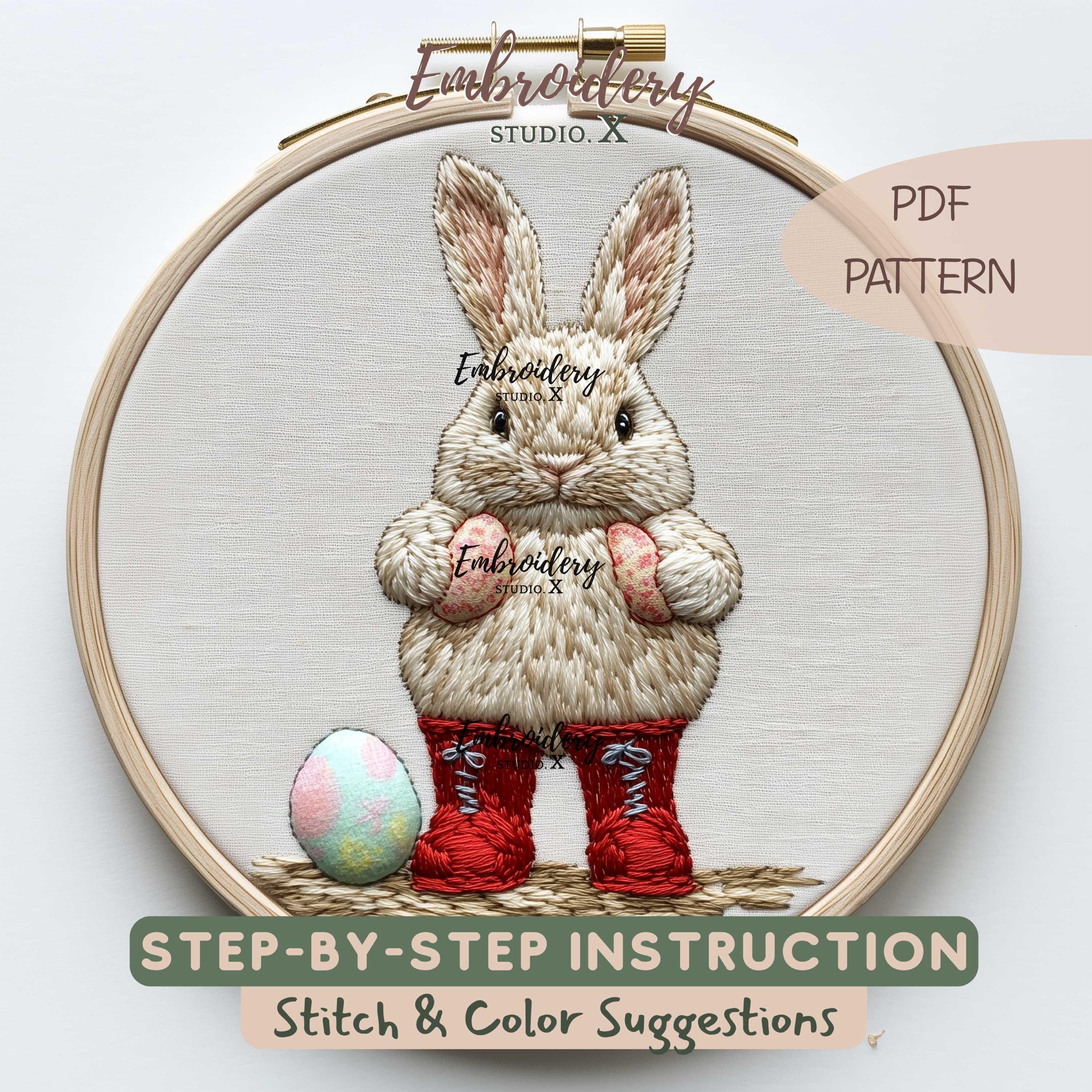 Easter Bunny Embroidery Pattern With Red Boots | Cute Rabbit Holding ...