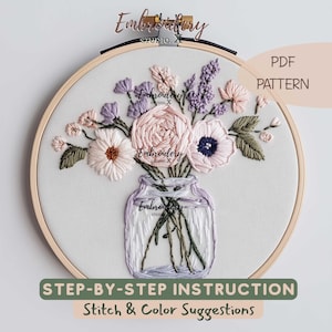 Mason Jar Bouquet Embroidery Pattern PDF | Glass Jar with Floral Design | Hand Embroidery Template for Creative Stitching Projects