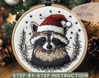 Raccoon Embroidery | Christmas Animal Embroidery | DIY Gift Ideas | Hand Embroidery PDF Download