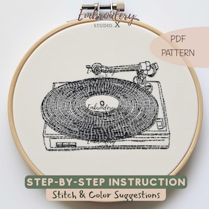 シンプルなレコードプレーヤーの刺繍パターン | モダンなフープアート PDF | 初心者向けミニマリストブラックステッチデザイン