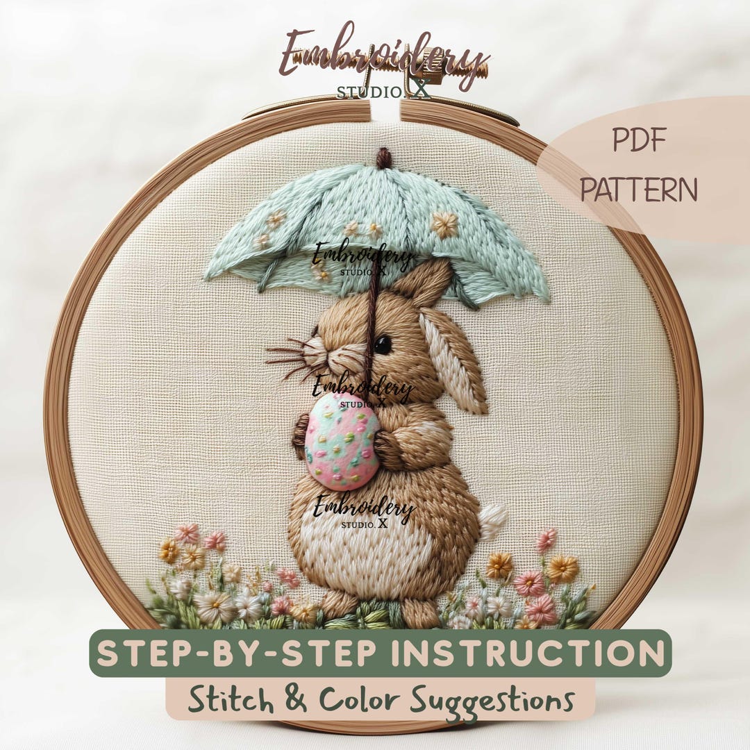 Easter Bunny Embroidery Pattern With Umbrella and Egg | Cute Spring PDF ...