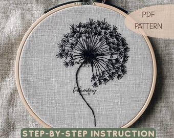 Dandelion Embroidery Design - Floral PDF Pattern for Dandelion Decor, Summer Hoop Art Project, DIY Craft Kit, Beginner Friendly