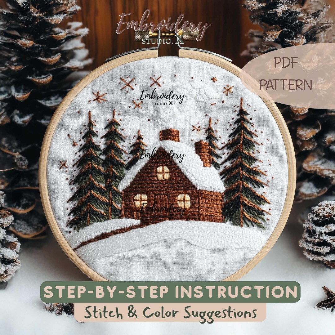 Village Embroidery Pattern | Snowy Christmas Tree Design | DIY Hoop Art ...