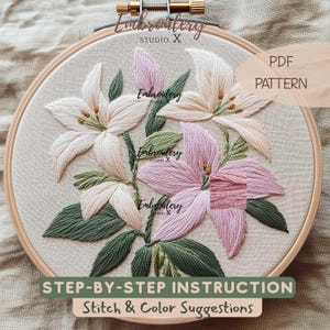 Lily Flower Embroidery PDF Pattern | Lilies Bloom Design | Floral Hoop Art for Summer | Beginner-Friendly Hand Embroidery Template