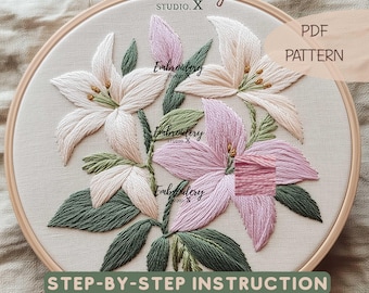PDF-broderimönster med liljor | Liljor blommar design | Blommig ringkonst för sommaren | Nybörjarvänlig handbroderimall