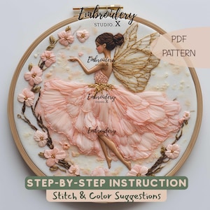 Whimsical Fairy in Pink Dress Embroidery Pattern | Elegant Floral Hand Embroidery PDF | Enchanting Fairy Hoop Art