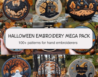 Spooky Halloween Hand Embroidery Bundle with Witches Pumpkins Ghosts and Autumn Forest Designs for Fall Home Decor
