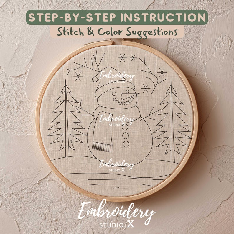 Happy Snowman Embroidery Pattern | DIY Christmas Design with Trees | Winter Embroidery PDF Template image 2
