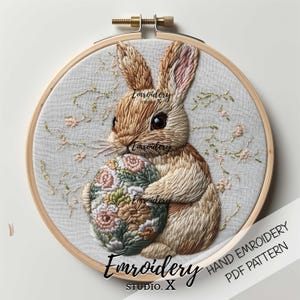 Easter Bunny with Floral Egg Embroidery Pattern | Spring Rabbit Stitch PDF | Cute Hand Embroidery Design | Pastel Hoop Art for Easter