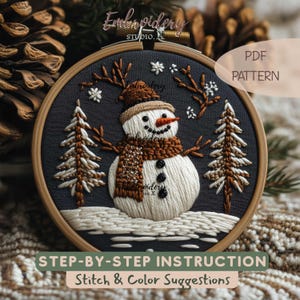 Happy Snowman Embroidery Pattern | DIY Christmas Design with Trees | Winter Embroidery PDF Template image 1