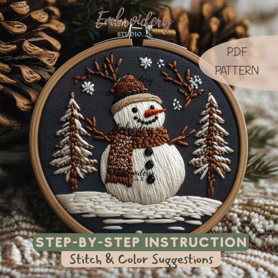Happy Snowman Embroidery Pattern | DIY Christmas Design with Trees | Winter Embroidery PDF Template