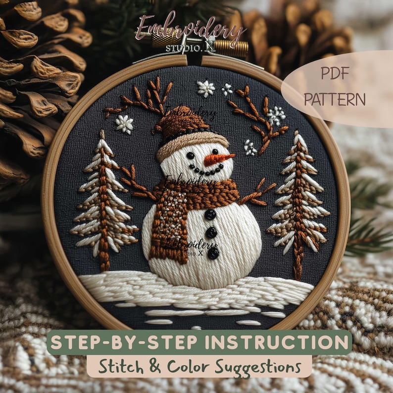 Happy Snowman Embroidery Pattern | DIY Christmas Design with Trees | Winter Embroidery PDF Template image 1