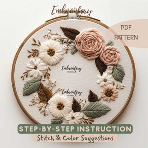 Rustic Fall Wreath Embroidery Pattern - Rose & Pastel Floral PDF for Summer Hoop Art by Embroiderystudiox