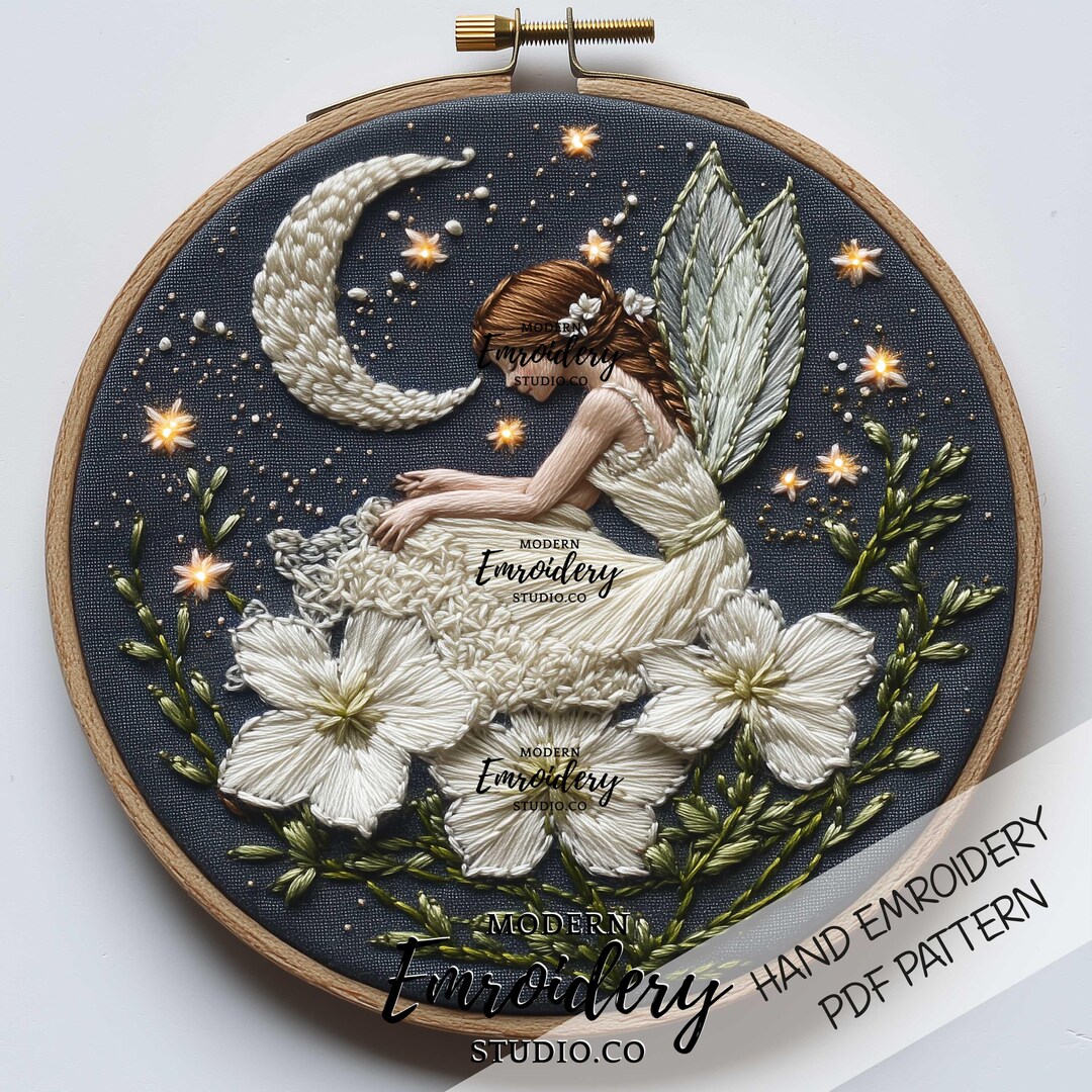 Magical Fairy With Jasmine Flowers and Moon Embroidery | Calm Hand ...