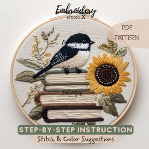 チカディーと本の刺繍パターン | 鳥とひまわりの手刺繍PDF | DIYステッチギフトに最適な文学的なフープアート