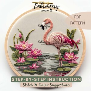 Flamingo with Water Lilies Embroidery Pattern | Hand Embroidery PDF | Lake & Nature-Inspired DIY Hoop Art for Textile Crafting