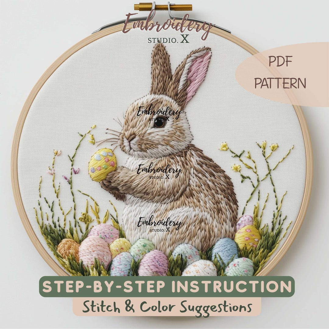 Easter Bunny With Eggs Embroidery Pattern | Spring Rabbit in Grass PDF ...