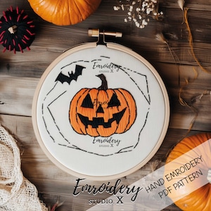 Pumpkin and Bats Embroidery Pattern | Beginner Friendly Halloween Hoop Art with Flying Creatures | Easy Hand Stitch PDF Template