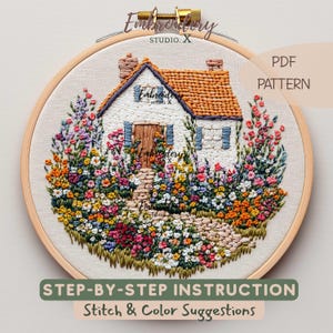 Bordado de primavera para casita de campo / Patrón floral colorido para el hogar / Descarga instantánea en PDF / Día Internacional de la Felicidad