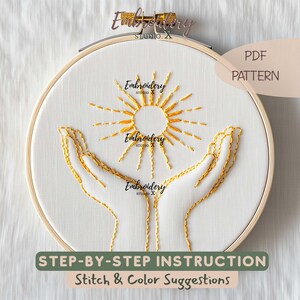 Sonne in Händen Stickmuster PDF | Weltglückstag Handstickerei Design | DIY Modern Stickvorlage